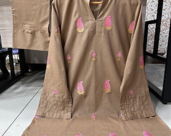 Pastel Brown Ready Made Embroidered Lawn Suit, Asian Pakistani Womens High Quality Stylish Trouser Suit, Casual Formal Wear, Size Small