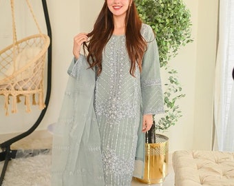 Embellished Mint Party Organza Outfit, Pakistani Stitched Shalwar Kameez, Indian Ethnic Ladies Wedding Wear