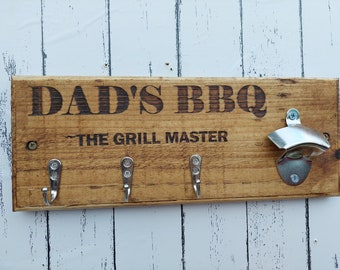 personalised bbq tool holder sign with hooks. Bbq tool hanger. Bottle opener. Bbq gifts.