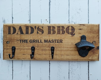 personalised bbq tool holder sign with hooks. Bbq tool hanger. Bottle opener. Bbq gifts.