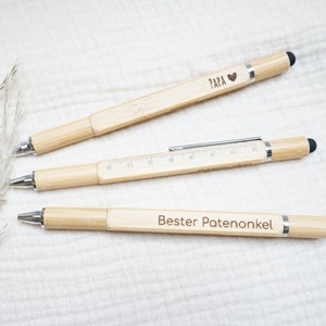Personalisierter Bambus Kugelschreiber mit Wasserwaage, Lineal&Schraubendreher l Vatertagsgeschenk  l Bester Papa l Bester Patenonkel l Opa