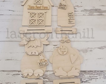 DIY Wood Farm Shelf Sitter, Highland Cow, Barn, Chicken, Milk (Unpainted)