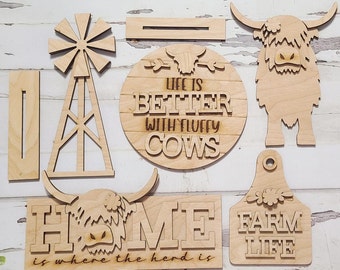 Highland Kuh Tiered Tablett Dekor, DIY Unbehandeltes Holz Kit