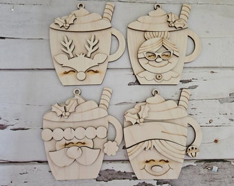Kit para colorear adornos navideños DIY, diseño de taza de cacao de madera
