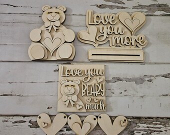 DIY-decorset met gelaagde Valentijnsdag, ongeverfd hout