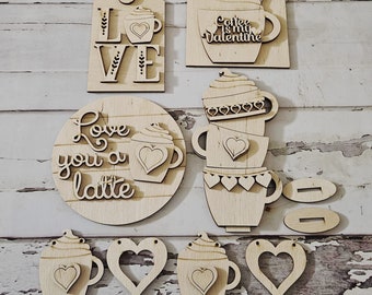 Valentijnsdag gelaagd dienbladdecor DIY kit, koffie en harten, houtwerk blanco