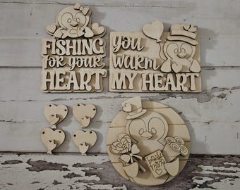 DIY-decorset met gelaagde Valentijnsdag, ongeverfd hout