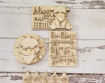 DIY Highland Kuh Tablett Dekor, unbehandelte Holzrohlinge