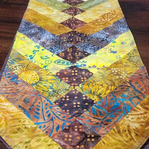 May include: A colorful, quilted table runner with a chevron design. The runner features a variety of warm colors, including yellow, brown, and orange, with floral and geometric patterns. The edges are finished with a decorative stitch.