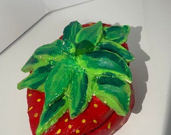 Handmade Strawberry Stash Jar: Painted Clay Trinket Container