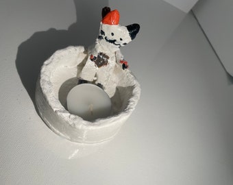 Handmade Clay Cat Candle Holder: Painted Animal Decor