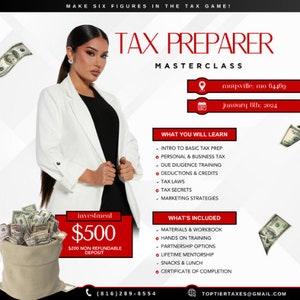 Canva Tax Preparer Masterclass Flyer Tax Prep Course Flyer Editable DIY Tax Class Flyer Template Tax Academy E Flyer Tax Software Flyer