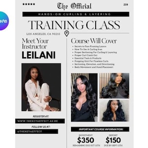 May include: Black and white advertisement for a hands-on curling and layering training class in Los Angeles. The ad features the instructor, Leilani, and includes course topics such as face framing layers and curling iron use. The ad also includes registration and contact information.
