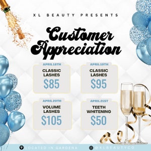 Canva Customer Appreciation Balloon Flyer/ Blue & White Client Appreciation E-Flyer/ Editable New Client Sale Flyer Template/ DIY Lash Flyer