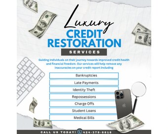 Pode incluir: Um anúncio de serviços de restauração de crédito. A imagem apresenta o texto "Luxury Credit Restoration Services" em azul e preto. Um teclado, um smartphone, uma lupa e várias notas de 100 dólares também são visíveis.