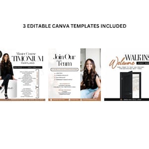 May include: Three Canva templates for a beauty salon or spa. The first template is a flyer for a master course in Timonium, Maryland. The second template is a flyer to join a team. The third template is a sign that says "Walk-ins Welcome Every Wednesday".