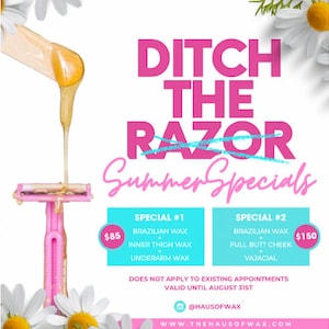 Canva Summer Wax Special Flyer Esthetician Waxing Social Media Templates E-Flyer Brazilian Body Waxing Special Wax Wednesday Sale DIY Flyer