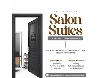 Canva Suites For Rent Flyer Salon Template DIY Salon Suites Flyer Booth For Rent Advertisement Flyer For Salon Suite Rental Amenenties Flyer