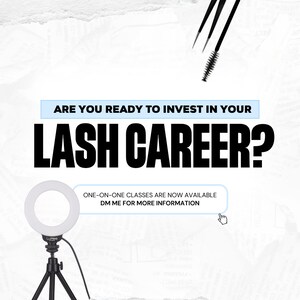 May include: A white ring light with a black tripod stand and a black cord. The text "Lunee" is on the ring light. The text "ARE YOU READY TO INVEST IN YOUR LASH CAREER?" is in black text on a light blue background. The text "ONE-ON-ONE CLASSES ARE NOW AVAILABLE DM ME FOR MORE INFORMATION" is in black text on a white background.