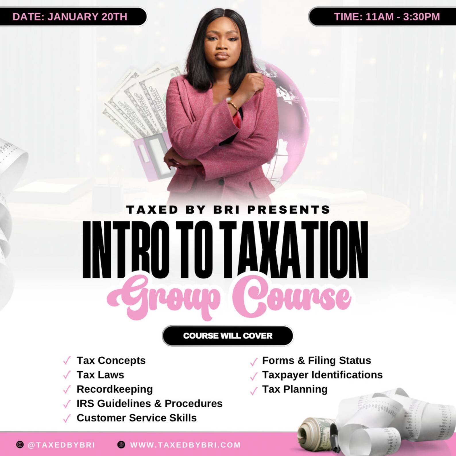 Canva Tax Preparer Course Flyer/ White & Pink Tax Flyer Template/ Editable Tax Class Eflyer