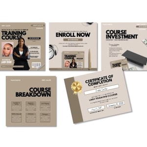 Puede incluir: Un conjunto de materiales promocionales para un curso de formación de pestañas. Los materiales incluyen un anuncio estilo revista, un folleto con un reloj, una hoja de inversión del curso, un desglose del curso y un certificado de finalización.