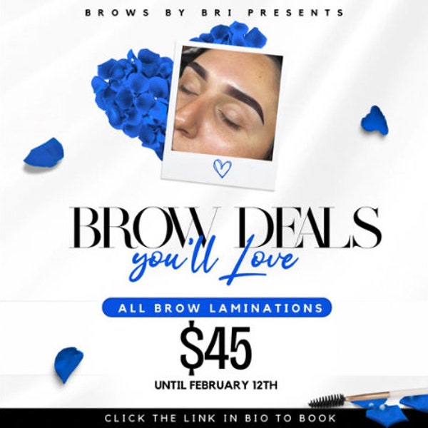 Canva DIY Brow Artist Sale Flyer/ White & Blue Eyebrow Deals E-Flyer Template/ Editable Valentine's Day Brow Lamination Specials Flyer