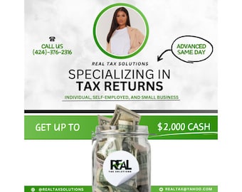 Op de afbeelding: Een groene en witte afbeelding met de tekst "REAL TAX SOLUTIONS" en "SPECIALIZING IN TAX RETURNS". De afbeelding bevat ook een telefoonnummer, een pot vol met contant geld en de tekst "GET UP TO $2,000 CASH".