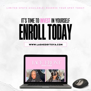 May include: A laptop computer with a pink and white screen displaying the text "LACE FRONT GROUP COURSE". The laptop is on a white surface with a black computer mouse.