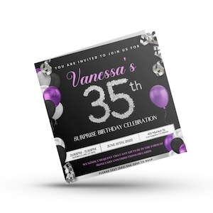 Canva Adult Birthday Party Flyer Template/ Black & Purple Dinner Party Invitation Flyer/ DIY Birthday Digital Celebration E-Flyer Template