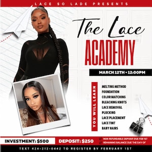 Canva Hair Class Template/ Lace Frontal Course Flyer/ Hair Class Instagram Template/ Red Black and White Editable Flyer/ DIY Academy Flyer