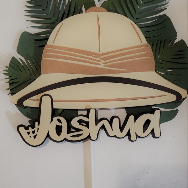 Safari hat cake topper with green leaves for more fun to your celebration Jungle theme topper