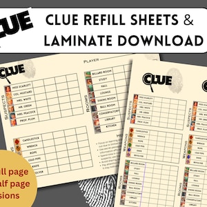 Clue Mystery Murder Refill Score Cards and Laminate Template