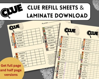 Clue Mystery Murder Refill Score Cards and Laminate Template