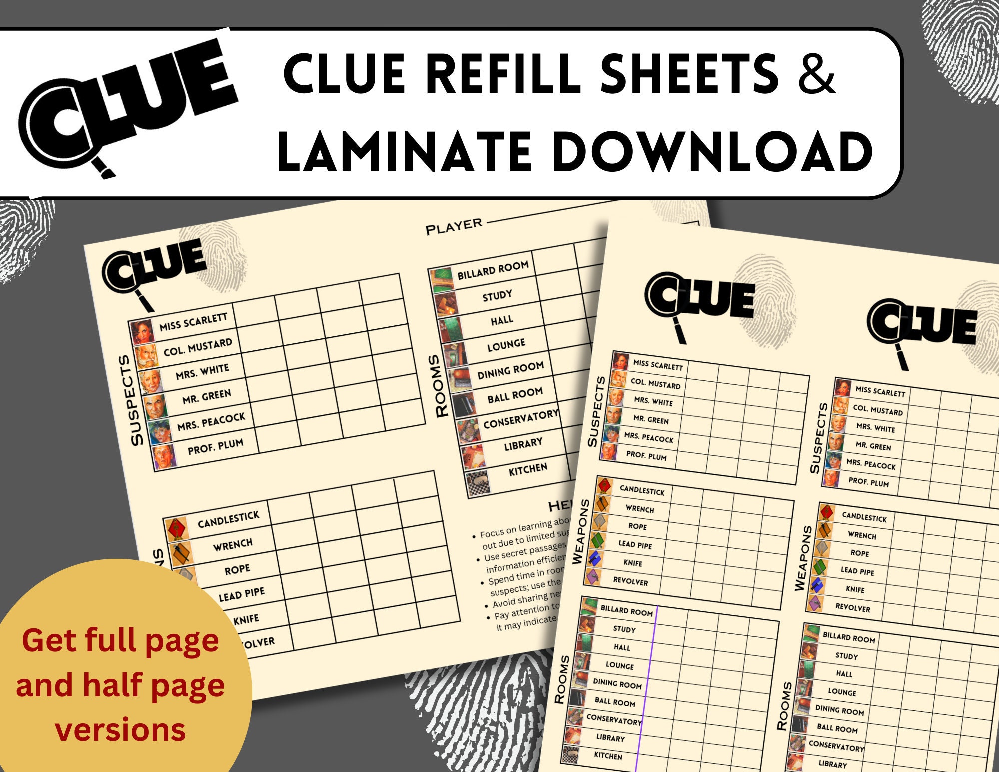 Clue Mystery Murder Refill Score Cards and Laminate Template Etsy