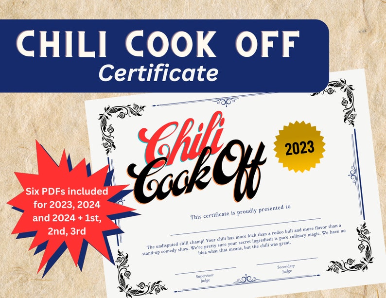 Chili Cook off Winner Certificate Instant Download for 2023, 2024 and