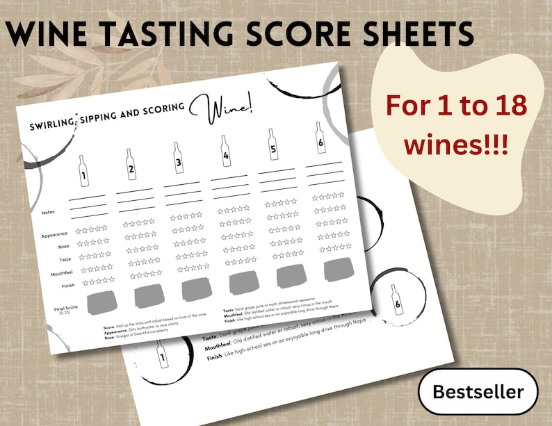 Op de afbeelding: Zwart-witte printbare wijnproefscorebladen met een titel die luidt "Wine Tasting Score Sheets" en "Swirling, Sipping and Scoring Wine!"  De bladen zijn ontworpen voor 1 tot 18 wijnen en bevatten een sectie voor notities, uiterlijk, neus, smaak, mondgevoel, afdronk en eindscore.  De tekst "For 1 to 18 wines!!!" verschijnt in een beige vak aan de rechterkant van de afbeelding.  De tekst "Bestseller" verschijnt in een wit vak met een zwarte rand aan de onderkant van de afbeelding.