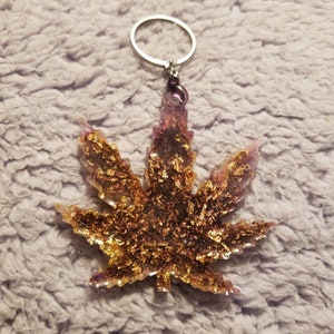 Gold Purple Pot Leaf Keychain with Ring
