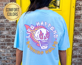 Maglietta "Life Happens Running Helps", colori comodi, regalo per maratoneti, abbigliamento da corsa divertente, copri pompa, regalo per maratona, regalo per mamme runner