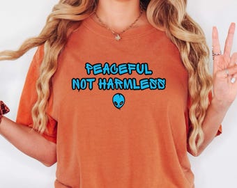 Comfort Colors® Peaceful Not Harmless Alien Shirt, Pump Cover, Gym Lover Gifts, Fitness Lover Gift, Weightlifter Tee, Gymrat Workout Shirt