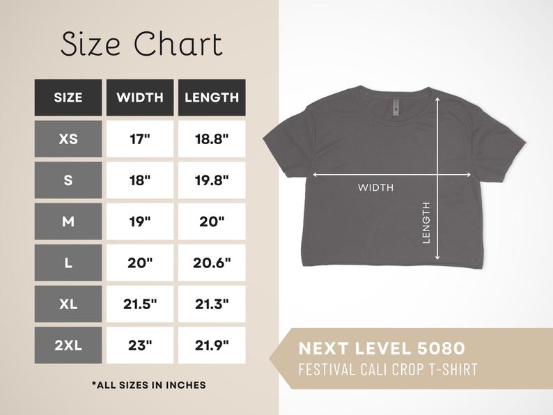 Może przedstawiać: Tabela rozmiar&oacute;w dla kr&oacute;tkiego t-shirtu Next Level 5080 Festival Cali, przedstawiająca wymiary szerokości i długości w calach dla rozmiar&oacute;w od XS do 2XL. Tabela zawiera wizualny schemat ciemnoszarego kr&oacute;tkiego t-shirtu ze strzałkami wskazującymi szerokość i długość.