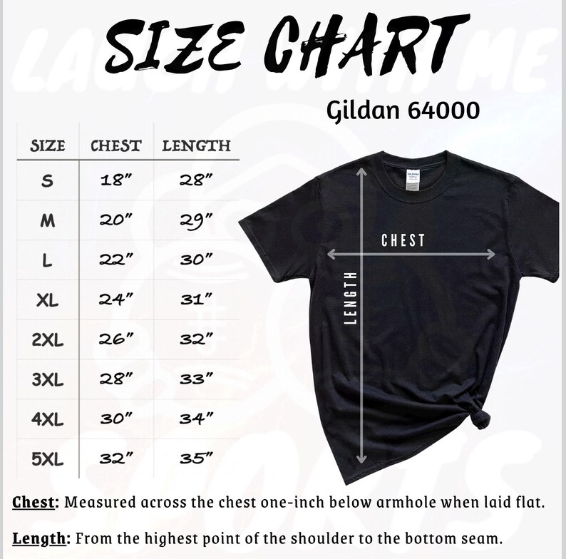 Op de afbeelding: Maattabel voor Gildan 64000 T-shirts, met borst- en lengtemaat in inches voor maten S tot en met 5XL.