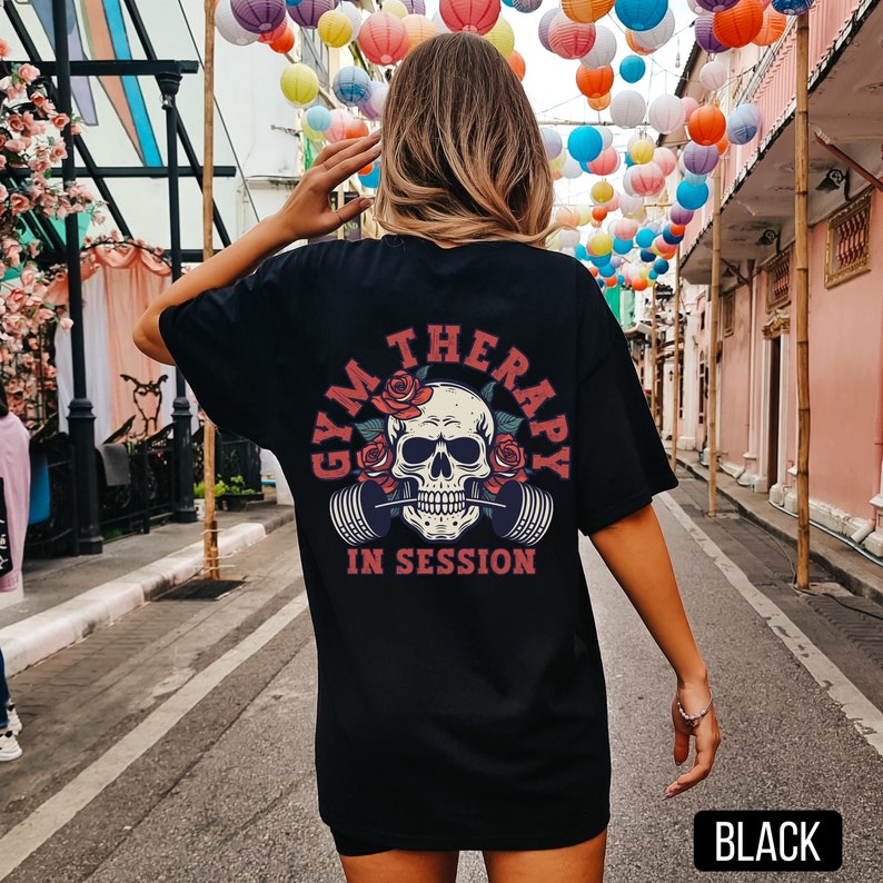 Black Gym Therapy in Session Shirt, Comfort Colors, Muscle Mommy, Funny Workout T-Shirt, Gift for Weightlifter, Oversized Work Out Tee, Pump Cover