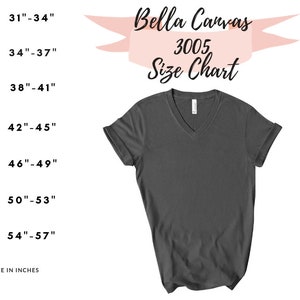 Pu&ograve; includere: Tabella delle taglie Bella Canvas 3005 per t-shirt. La tabella mostra le misure del petto in pollici per le taglie XS a 3XL.
