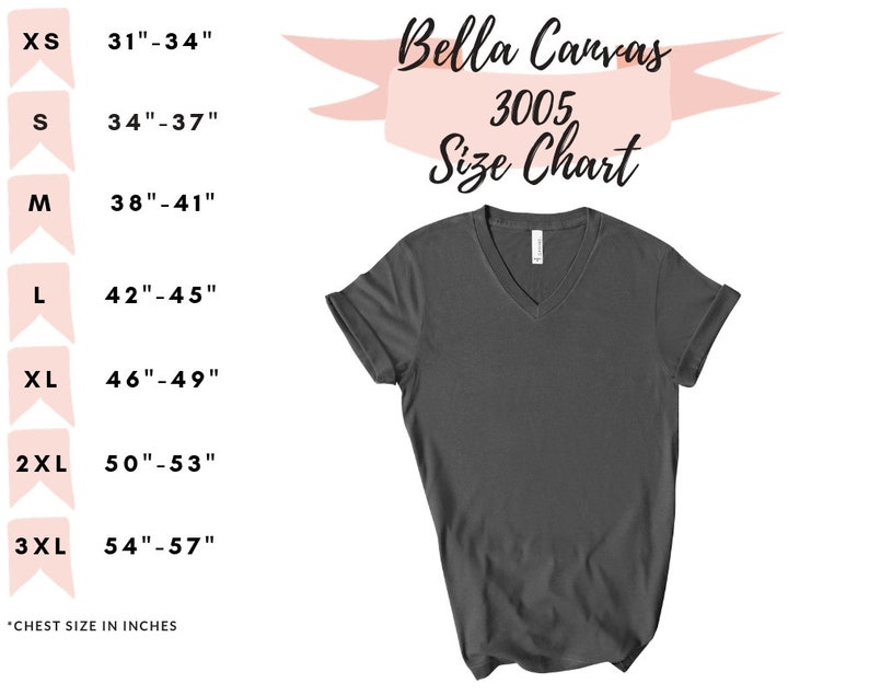 Pu&ograve; includere: Tabella delle taglie Bella Canvas 3005 per t-shirt. La tabella mostra le misure del petto in pollici per le taglie XS a 3XL.