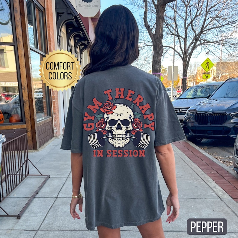 Pepper Gym Therapy in Session Shirt, Comfort Colors, Muscle Mommy, Funny Workout T-Shirt, Gift for Weightlifter, Oversized Work Out Tee, Pump Cover