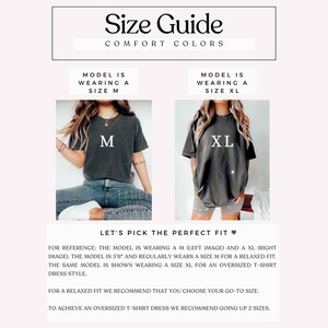 Pu&ograve; includere: Grafico della guida alle taglie con il testo "Size Guide COMFORT COLORS". Due modelli indossano una maglietta taglia M e XL. &Egrave; incluso anche il testo "LET'S PICK THE PERFECT FIT". La modella &egrave; alta 1,68 m e di solito indossa una taglia M per una vestibilit&agrave; rilassata.