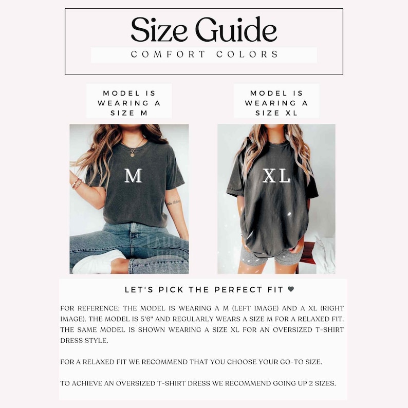 Pu&ograve; includere: Grafico della guida alle taglie con il testo "Size Guide COMFORT COLORS". Due modelli indossano una maglietta taglia M e XL. &Egrave; incluso anche il testo "LET'S PICK THE PERFECT FIT". La modella &egrave; alta 1,68 m e di solito indossa una taglia M per una vestibilit&agrave; rilassata.