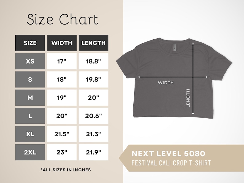 May include: Size chart for a crop top t-shirt. The chart shows the width and length in inches for sizes XS, S, M, L, XL, and 2XL. The text "NEXT LEVEL 5080 FESTIVAL CALI CROP T-SHIRT" is at the bottom of the chart.
