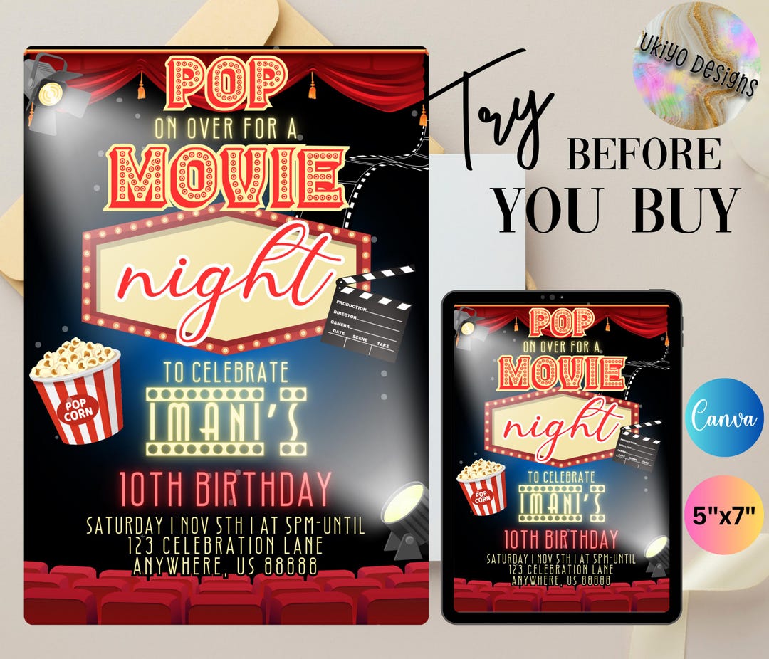 Editable Movie Night Birthday Invitation Template, Red Marquee Cinema ...
