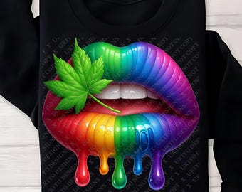Rainbow Dripping Lips PNG with Leaf, Bold Pride Sublimation Art, Trippy Weed Lip Clipart, Colorful Glossy Digital Download Design